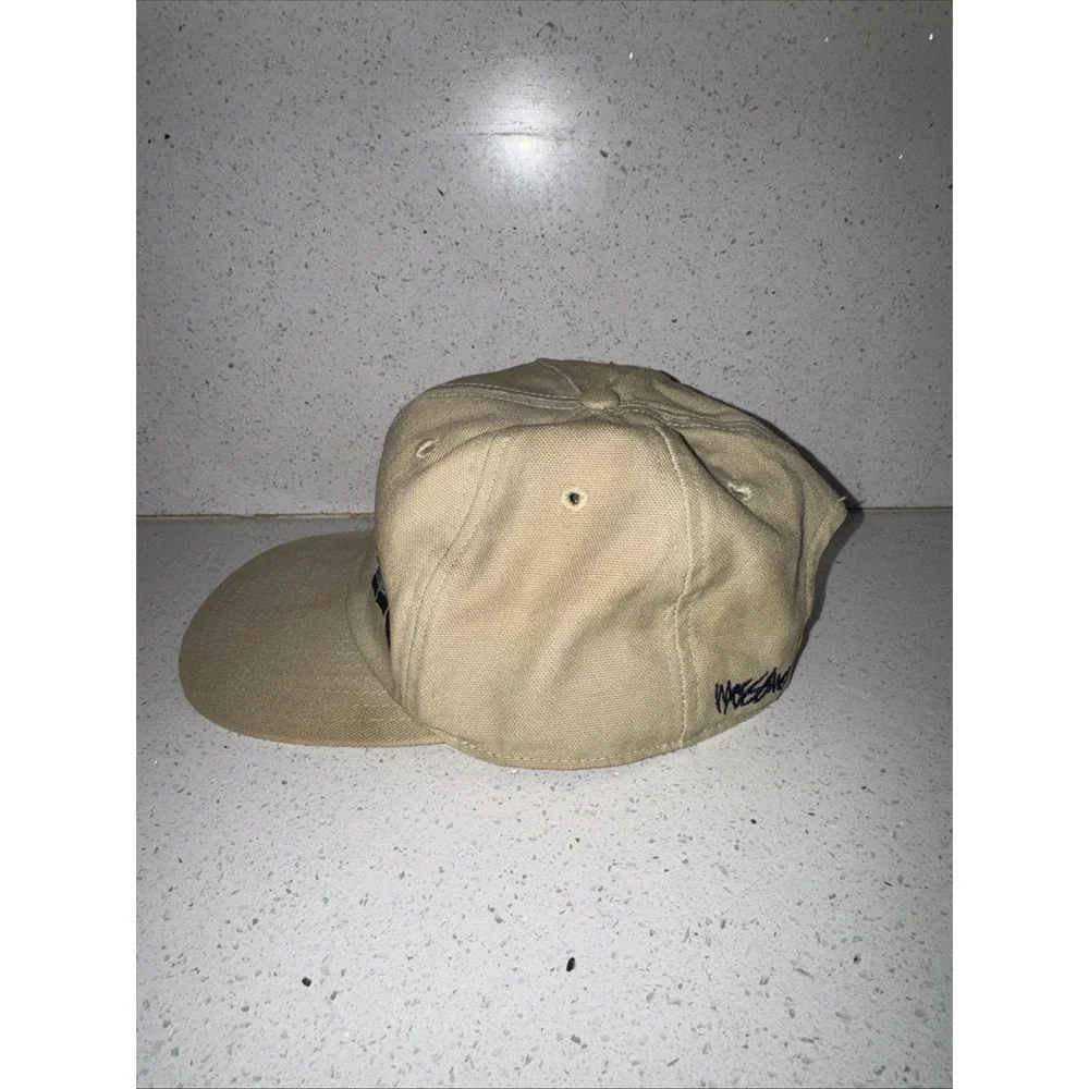 Vintage 90s Mossimo Embroidered Script Logo Canvas Baseball Cap Hat Beige Blue